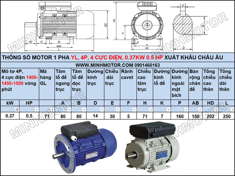 Thông số kỹ thuật, bản vẽ Động Cơ 1 Pha 0.37kw 0.5HP 0.5 ngựa YL tải trung bình – tải nhẹ