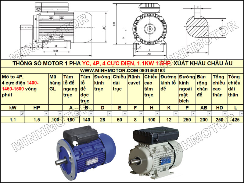 Thông số kỹ thuật, bản vẽ Mô Tơ 1 Pha YC 1.1kw 1.5HP 1.5 ngựa tải nặng