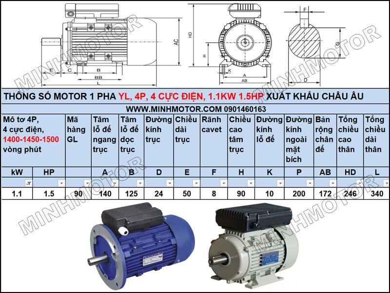Thông sô kỹ thuật, bản vẽ Động Cơ 1 Pha 1.1kw 1.5HP 1.5 ngựa YL tải trung bình – tải nhẹ