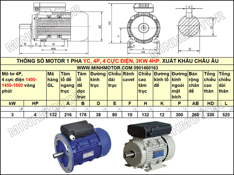 Thông số kỹ thuật, bản vẽ Mô Tơ 1 Pha YC 3kw 4HP 4 ngựa tải nặng