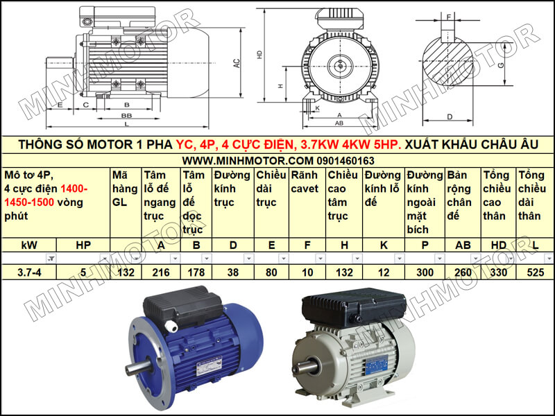 Thông số kỹ thuật, bản vẽ Mô Tơ 1 Pha YC 3.7kw 5HP 5 ngựa tải nặng