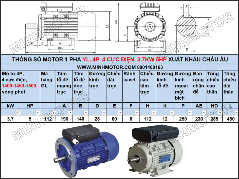 Thông số kỹ thuật, bản vẽ Động Cơ 1 Pha 3.7kw 5HP 5 ngựa YL tải trung bình – tải nhẹ