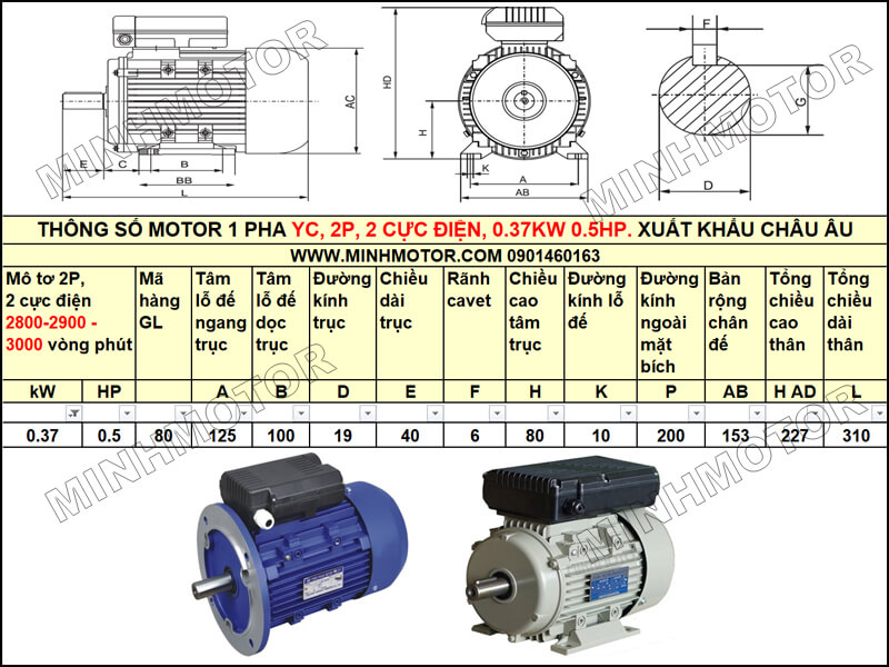 Thông số kỹ thuậtMô Tơ 1 Pha YC 0.37kw 0.5HP tải nặng