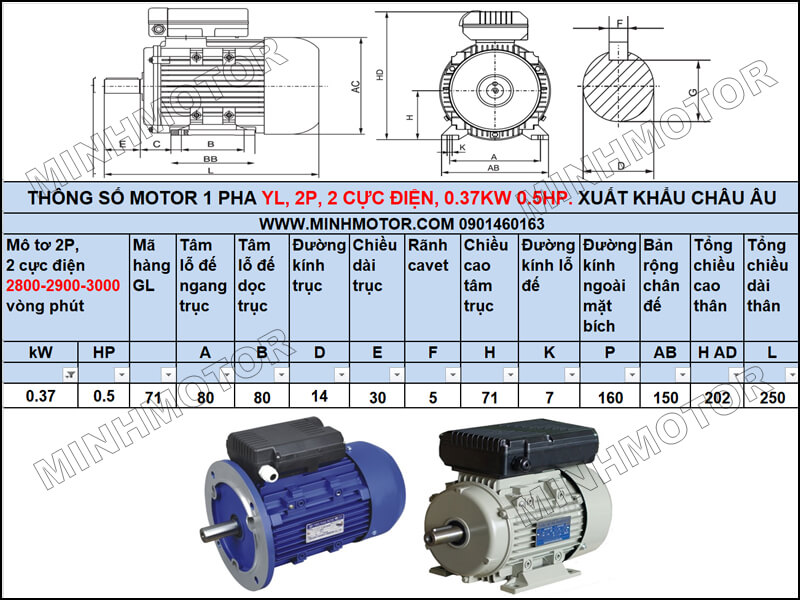 Thông số kỹ thuật, bản vẽ Động Cơ 1 Pha 0.37kw 0.5HP 0.5 ngựa YL tải trung bình – tải nhẹ