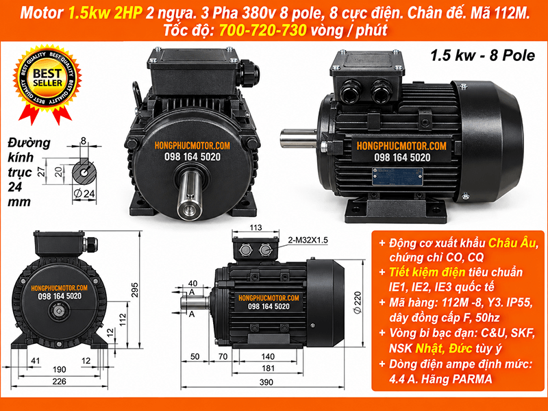 Motor 1.5kW 2HP 3 pha 8 cực, ch&acirc;n đế