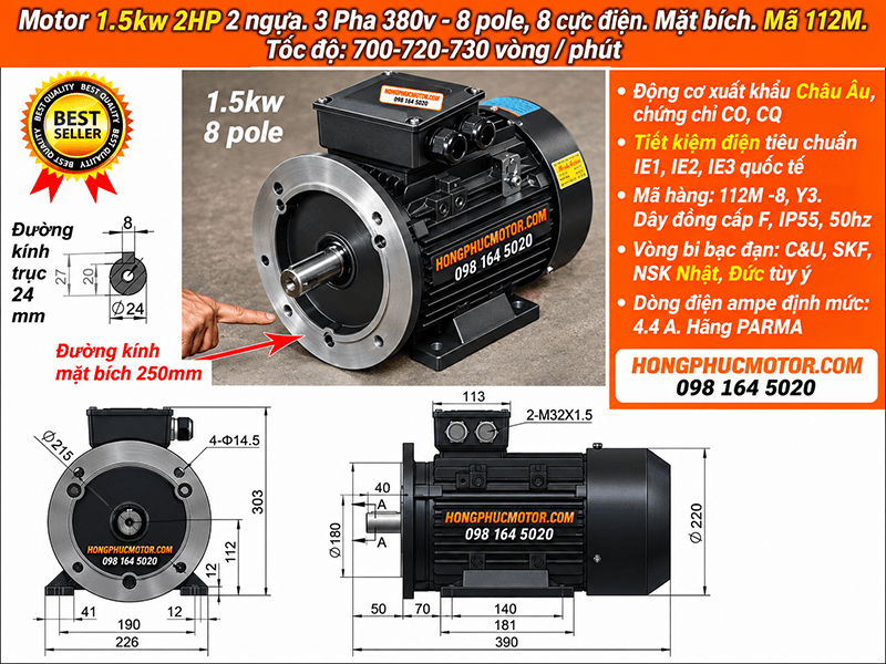 Motor 1.5kW 2HP 3 pha 8 cực, mặt b&iacute;ch