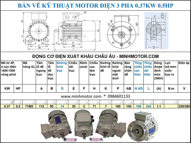 Thông số kĩ thuật bản vẽ động cơ điện 0.5HP 0.37kw 4 Pole