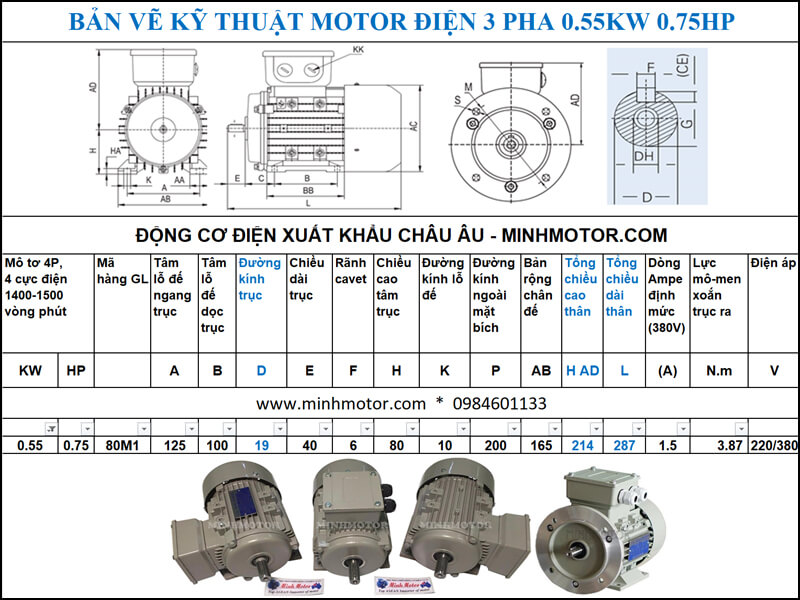 Thông số kĩ thuật bản vẽ động cơ điện 0.75HP 0.55kw 4 Pole
