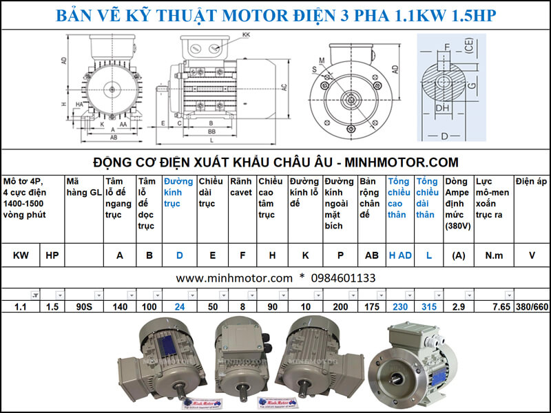 Thông số kĩ thuật bản vẽ động cơ điện 1.5HP 1.1kw 4 Pole