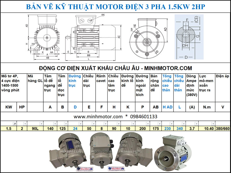 Thông số kĩ thuật bản vẽ động cơ điện 2HP 1.5kw 4 Pole