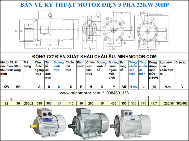 Bản vẽ kỹ thuật, kích thước động cơ điện 3 pha 30Hp 22Kw 6 cực điện