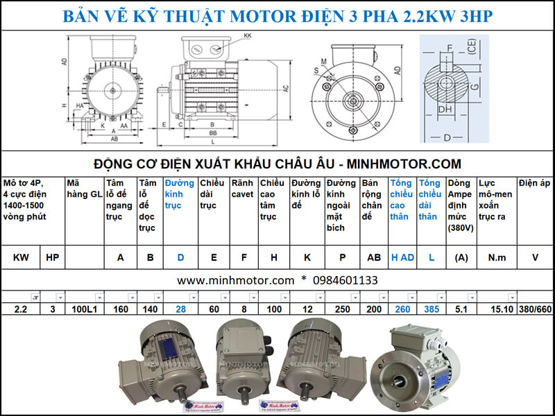 Chi tiết bản vẽ motor 3HP 2.2kw 4 Pole
