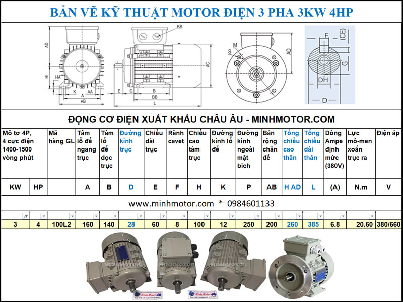 Chi tiết bản vẽ động cơ điện 4HP 3kw 4 Pole