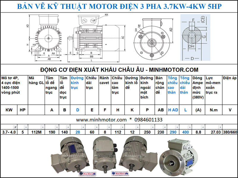bản vẽ động cơ điện 5HP 3.7kw 4 Pole
