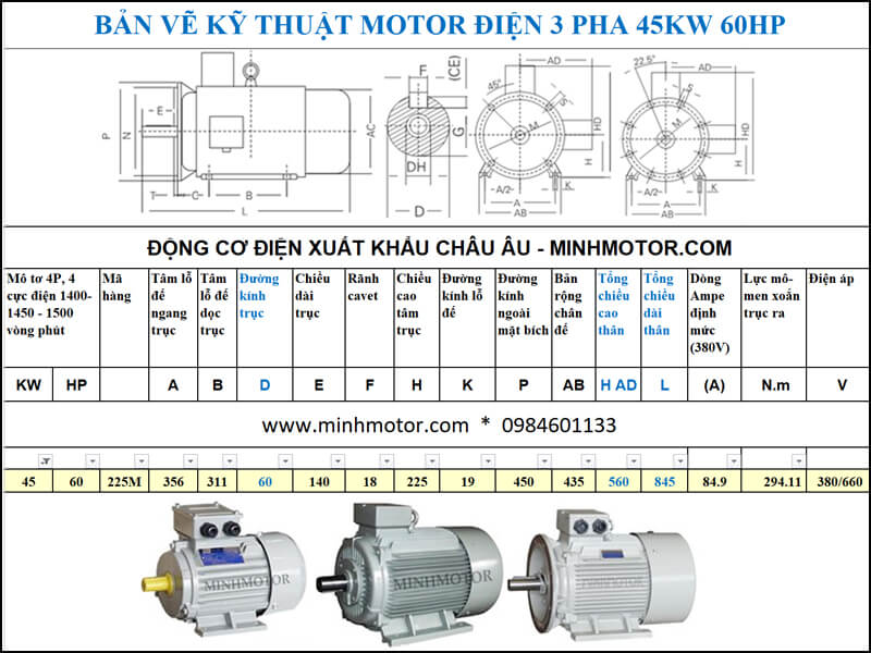 dong co dien 3 pha 60hp 45kw 4 cuc dien 1400 1450 1500 vong phut