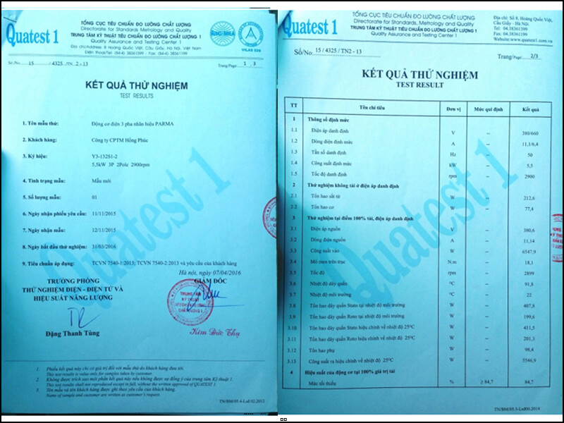 Chứng nhận kiểm định tiêu chuẩn chất lượng: CO CQ xuất khẩu Châu Âu, IE1, IE2, IE3