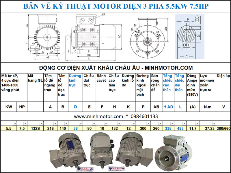bản vẽ động cơ điện 7.5HP 5.5kw 4 Pole