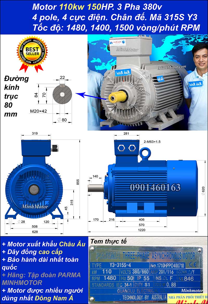  Motor Teco 110kw 150hp 1400 - 1500 vòng/phút chân đế