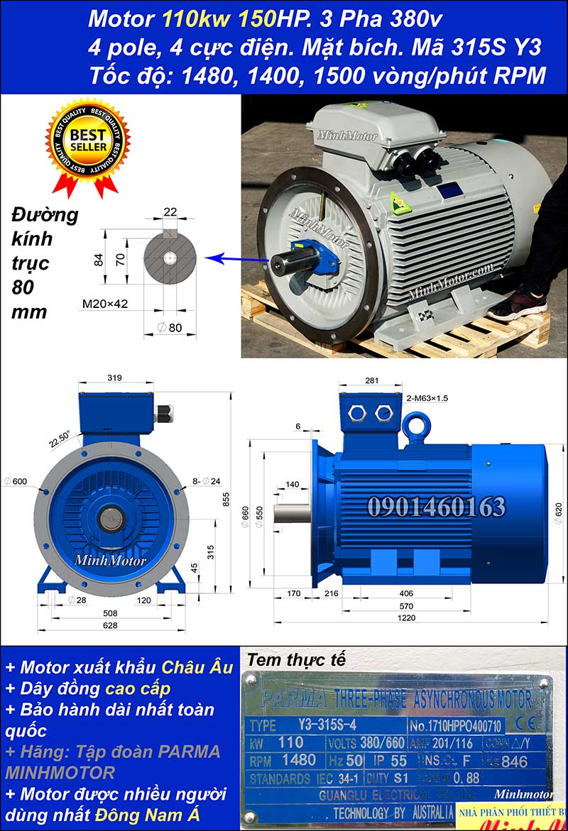 Động cơ điện ABB 110kw 150hp 1400 - 1500 vòng/phút mặt bích