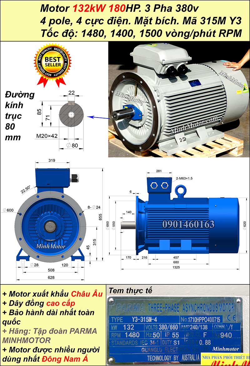 Động cơ điện Teco 132kw 180hp 1400 - 1500 vòng/phút mặt bích