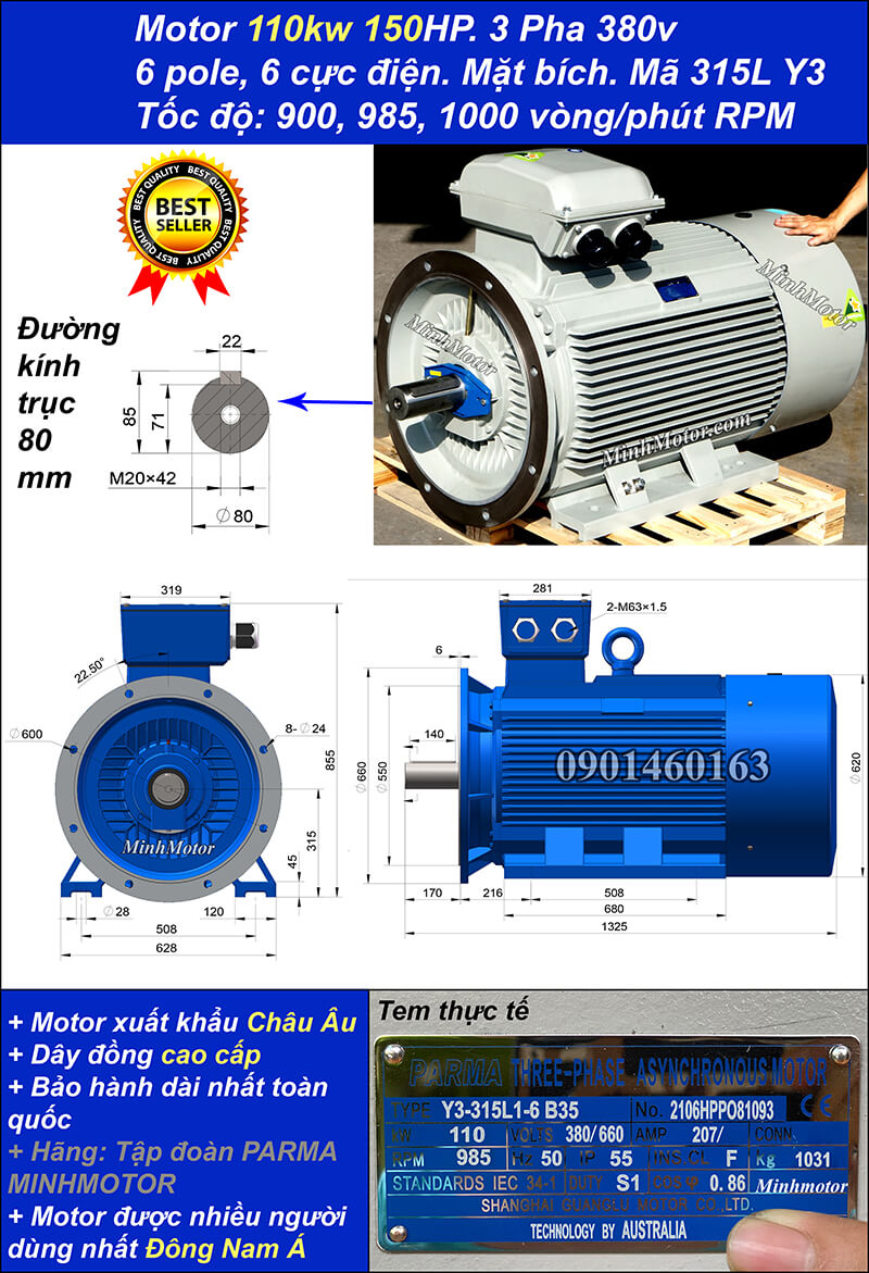 Motor điện ABB 110kw 150hp 6 cực mặt bích