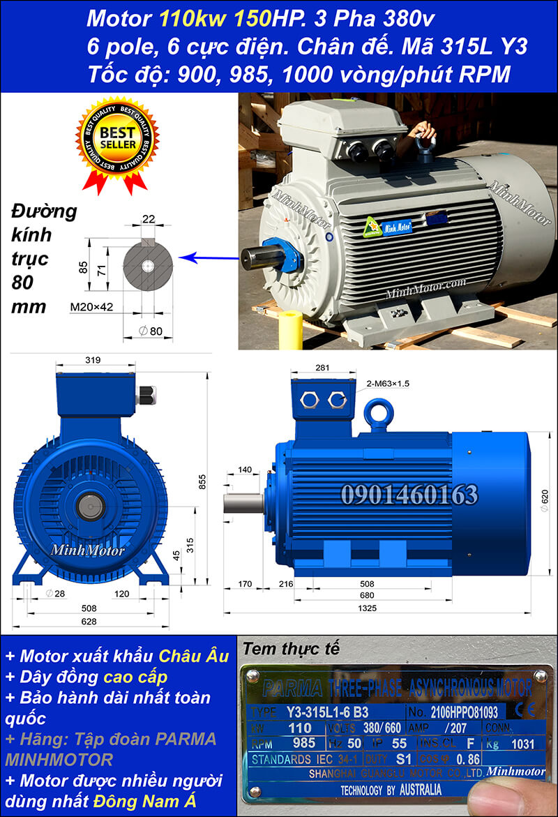 Động cơ điện Teco 110kw 150hp 900 - 1000 vòng/phút chân đế