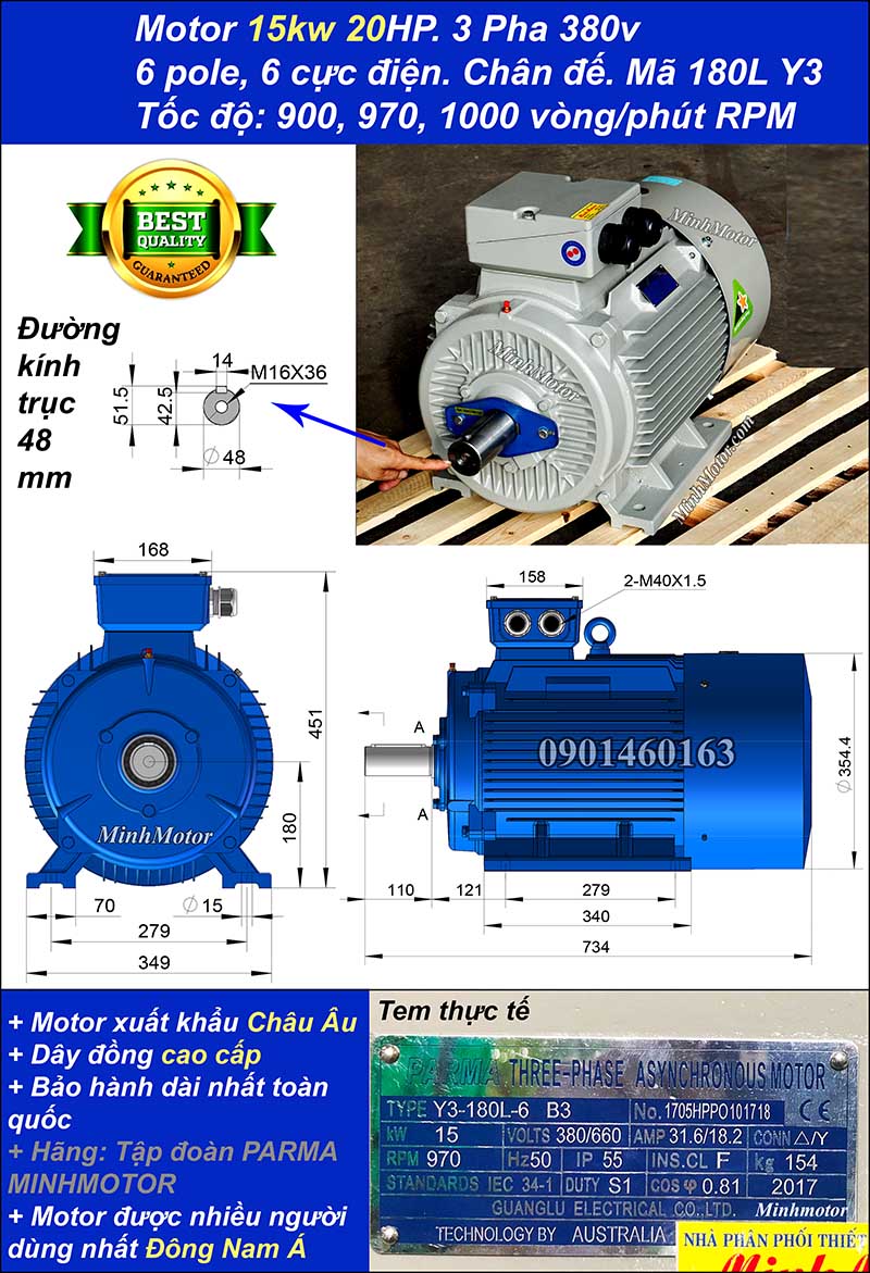 Động cơ điện ABB 15kw 20hp 900 - 1000 vòng/phút chân đế
