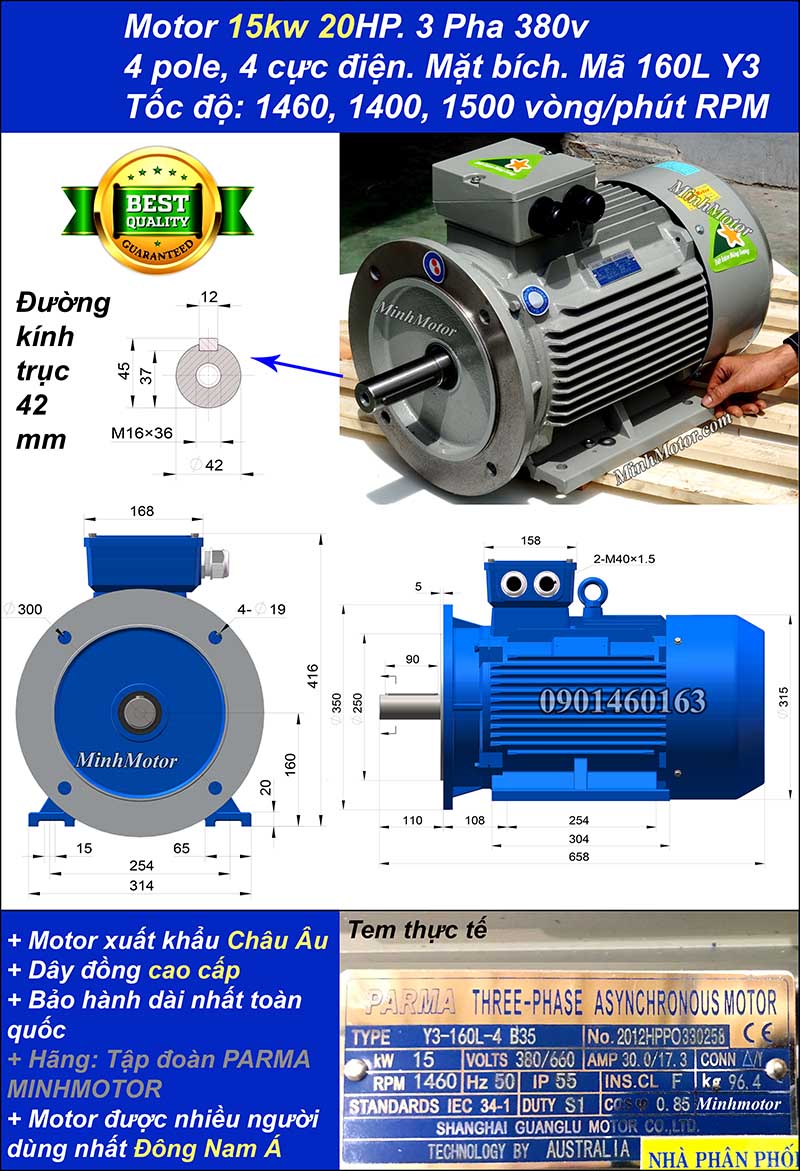 Động cơ điện ABB 15kw 20hp 1400 - 1500 vòng/phút mặt bích