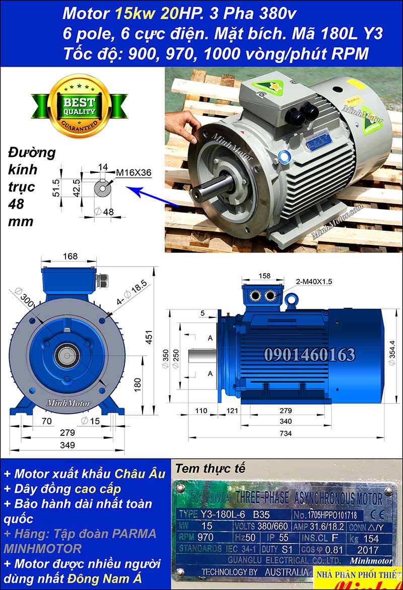Motor điện ABB 15kw 20hp 6 cực mặt bích