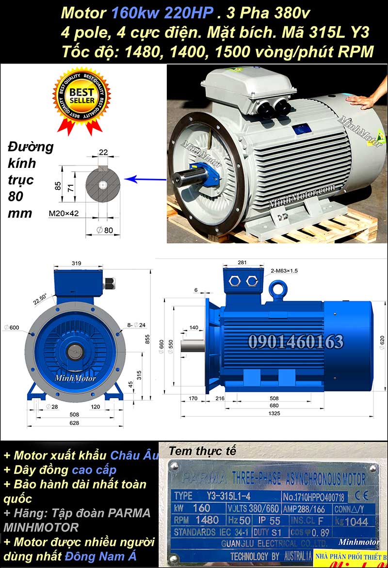 Động cơ điện Teco 160kw 220hp 1400 - 1500 vòng/phút mặt bích