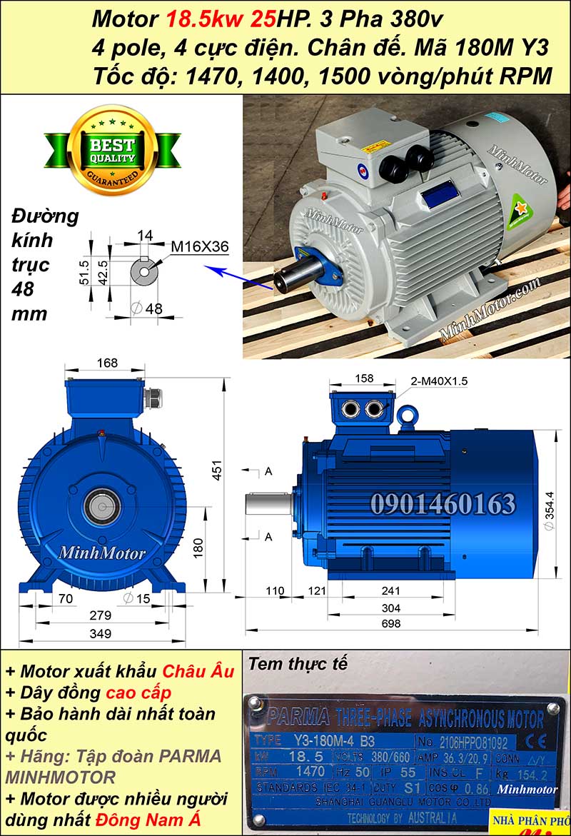 Motor ABB 18.5kw 25hp 1400 - 1500 vòng/phút chân đế