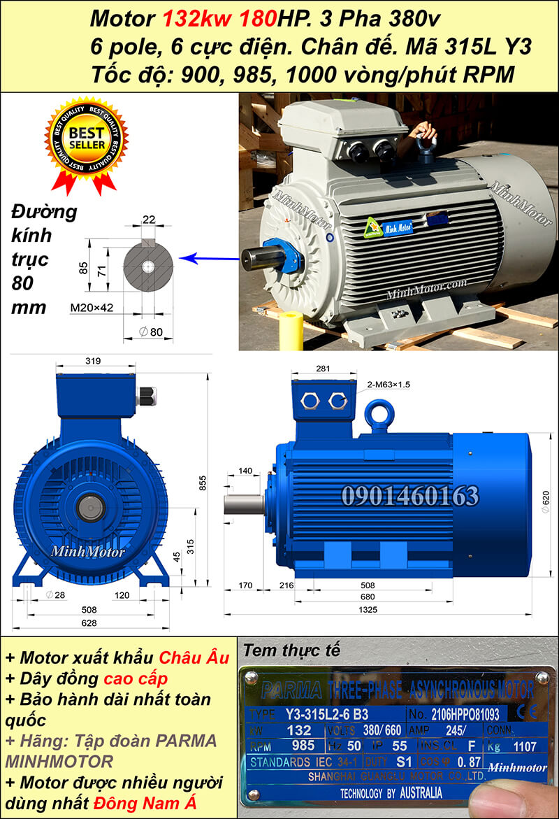 Động cơ điện ABB 132kw 180hp 900 - 1000 vòng/phút chân đế