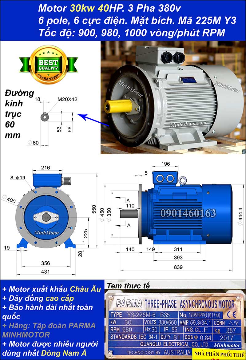 Motor điện ABB 30kw 40hp 6 cực mặt bích
