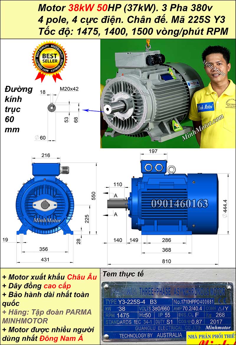 Motor ABB 37kw 50hp 1400 - 1500 vòng/phút chân đế