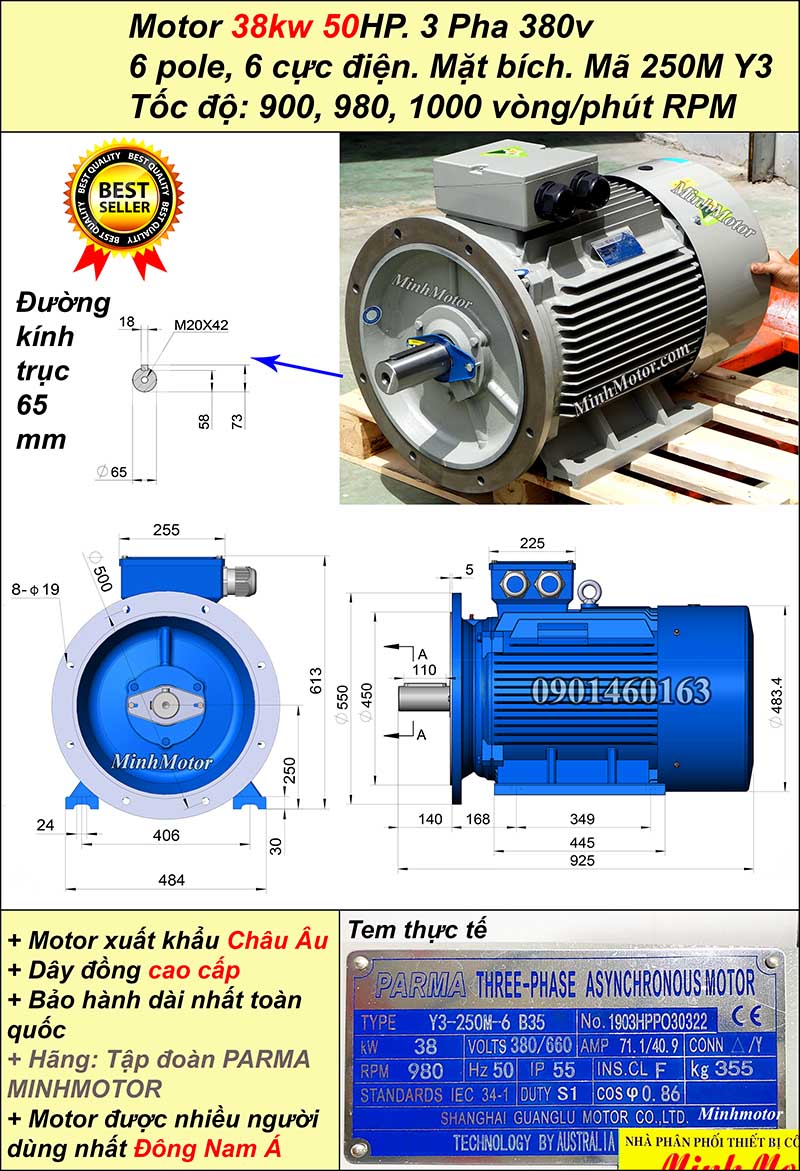 Motor điện ABB 37kw 50hp 6 cực mặt bích