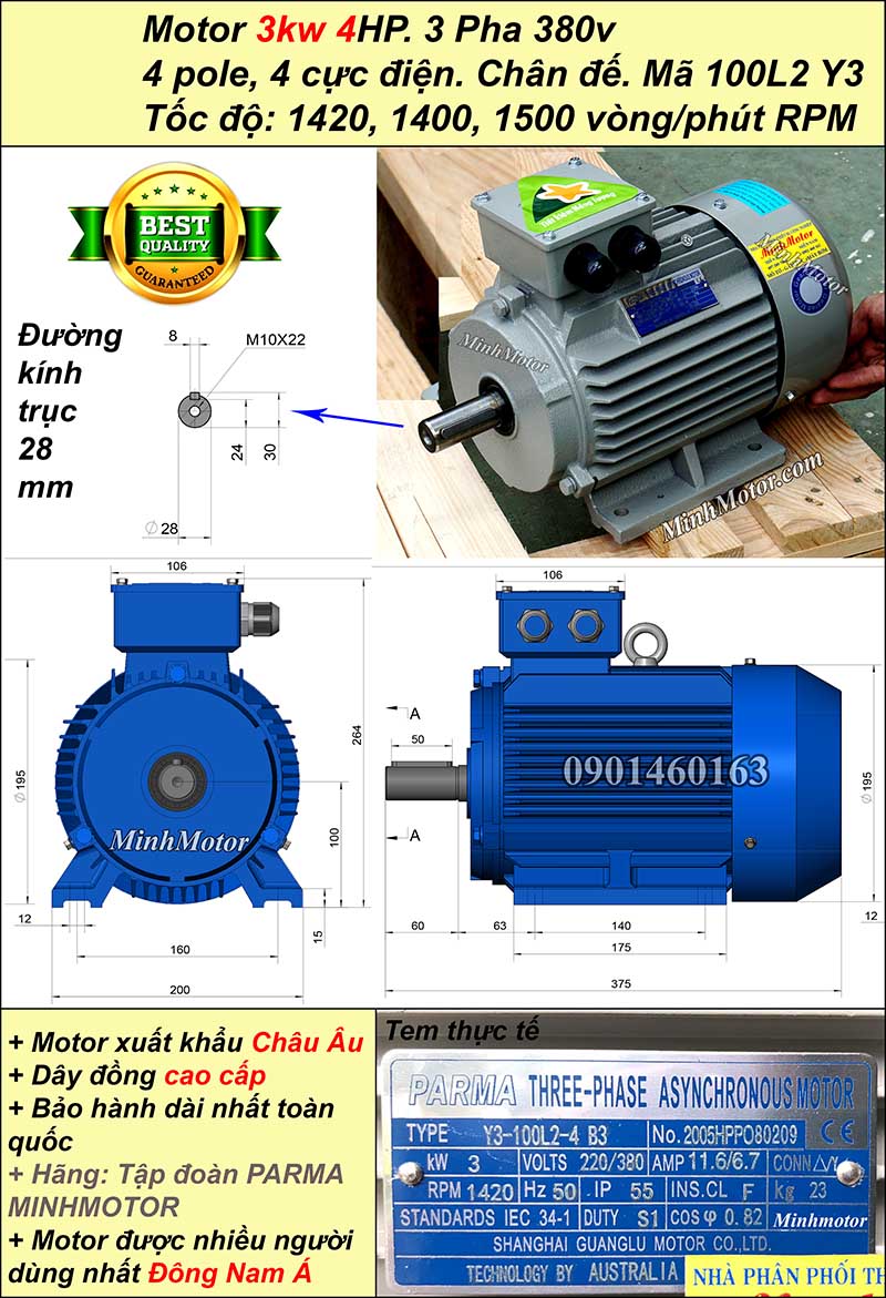 Motor ABB 3kw 4hp 1400 - 1500 vòng/phút chân đế