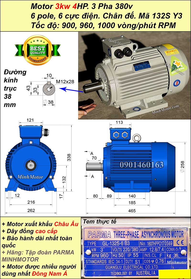 Động cơ điện ABB 3kw 4hp 900 - 1000 vòng/phút chân đế