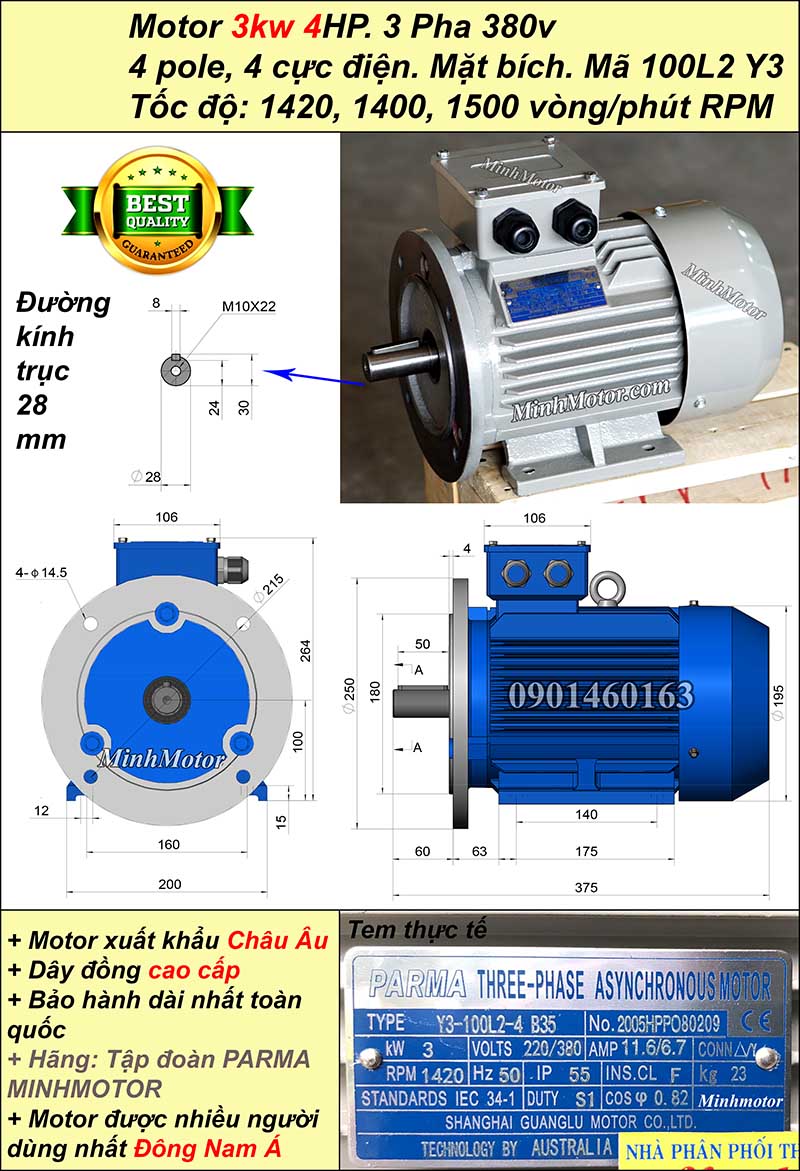 Động cơ điện ABB 3kw 4hp 1400 - 1500 vòng/phút mặt bích