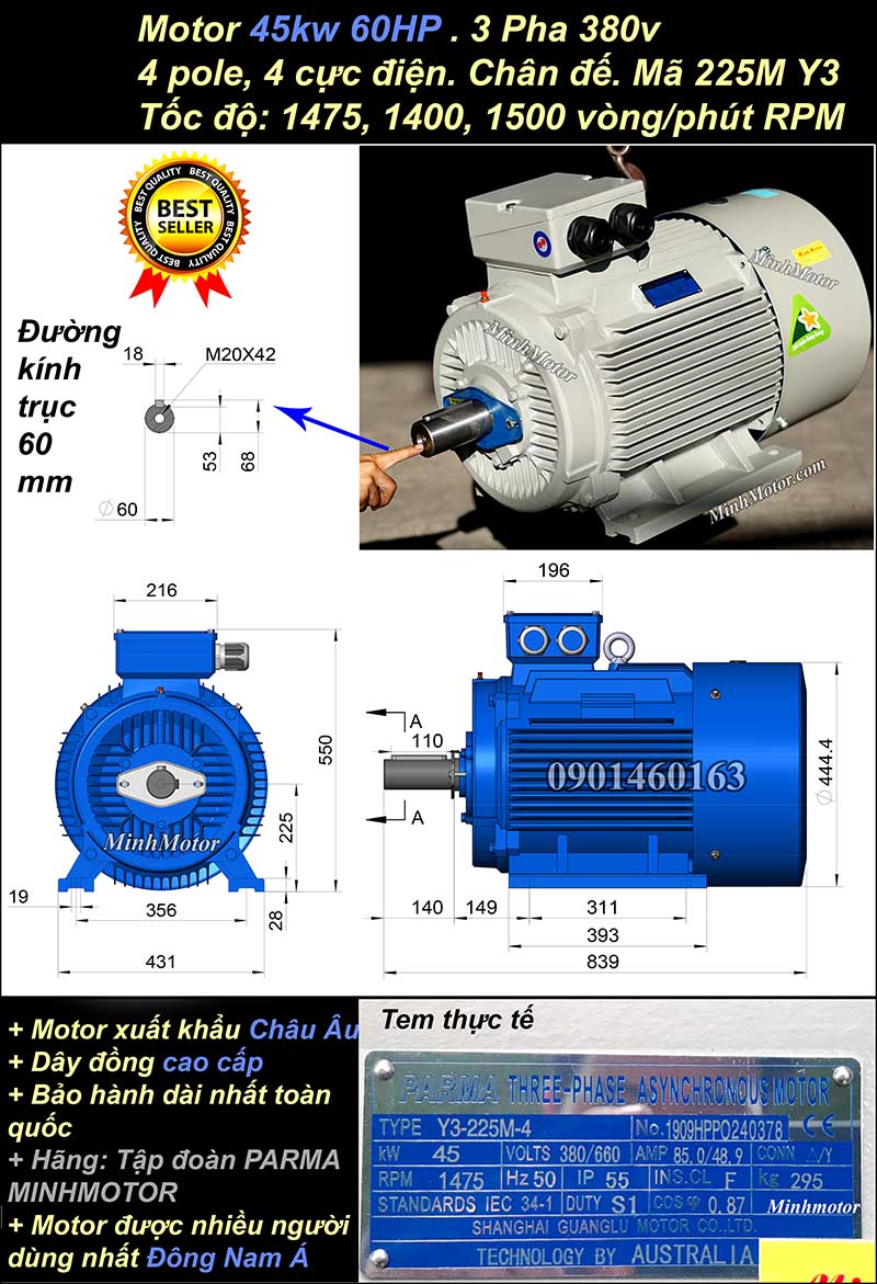 Motor ABB 45kw 60hp 1400 - 1500 vòng/phút chân đế