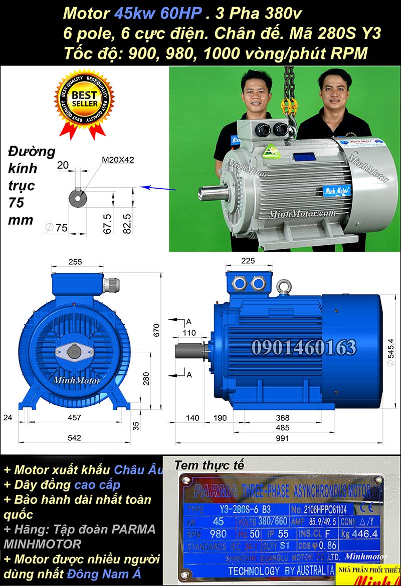 Động cơ điện ABB 45kw 60hp 900 - 1000 vòng/phút chân đế