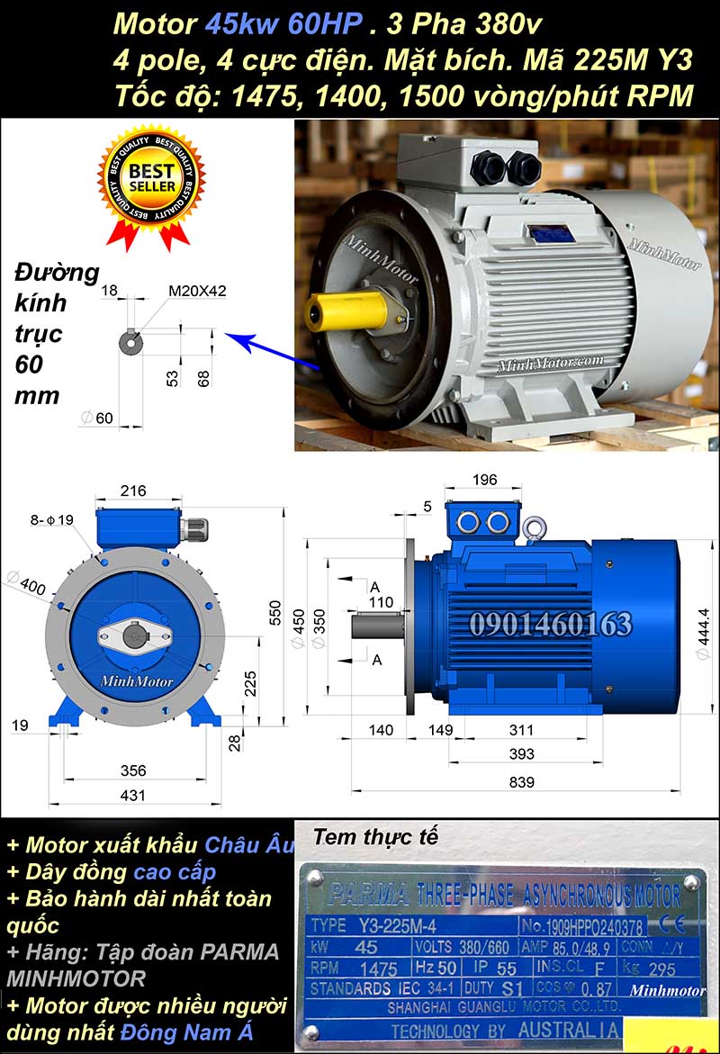 Động cơ điện ABB 45kw 60hp 1400 - 1500 vòng/phút mặt bích