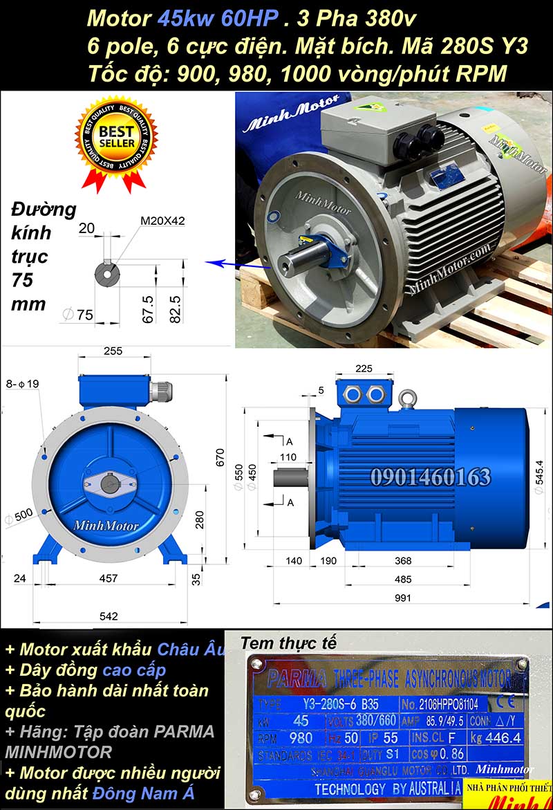 Motor điện ABB 45kw 60hp 6 cực mặt bích