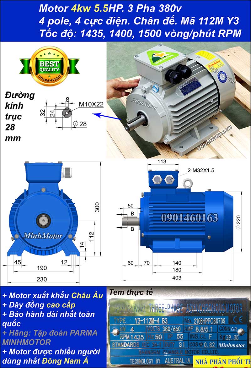 Motor ABB 4kw 5.5hp 1400 - 1500 vòng/phút chân đế