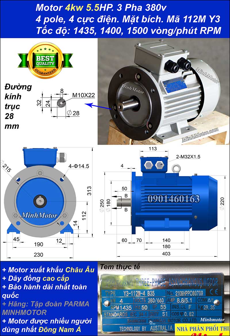 Động cơ điện ABB 4kw 5.5hp 1400 - 1500 vòng/phút mặt bích