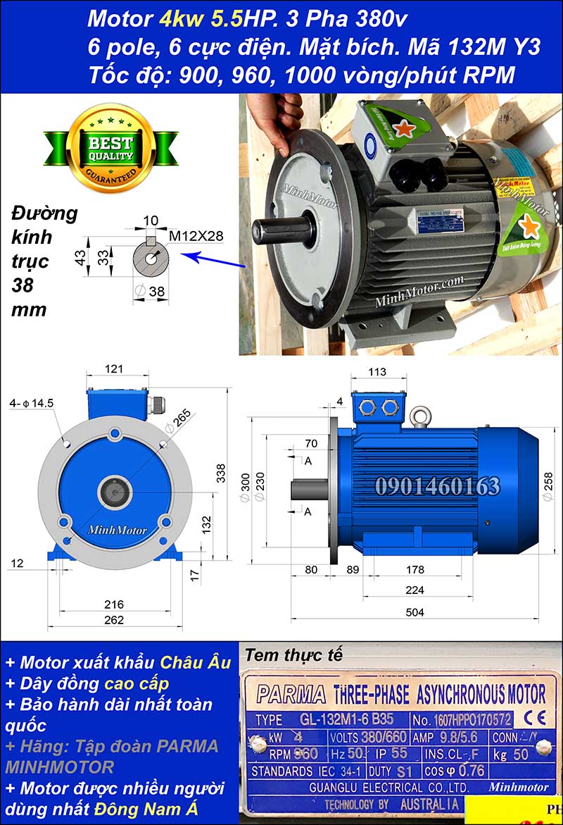 Motor điện ABB 4kw 5.5hp 6 cực mặt bích