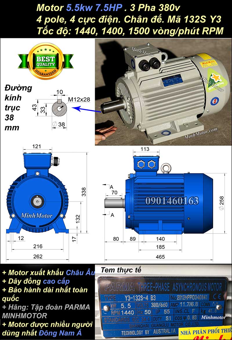 Motor ABB 5.5kw 7.5hp 1400 - 1500 vòng/phút chân đế