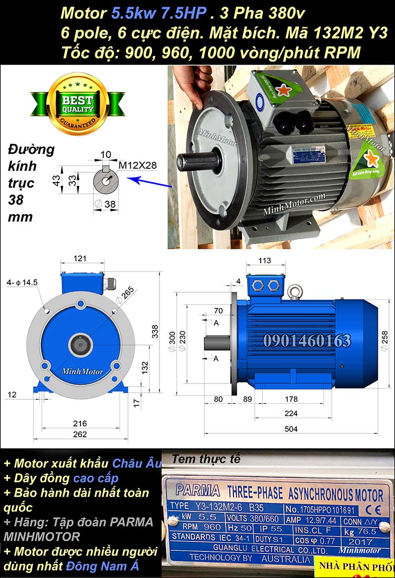 Motor điện ABB 5.5kw 7.5hp 6 cực mặt bích