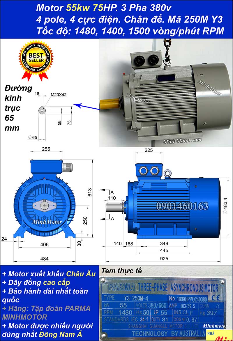 Motor ABB 55kw 75hp 1400 - 1500 vòng/phút chân đế