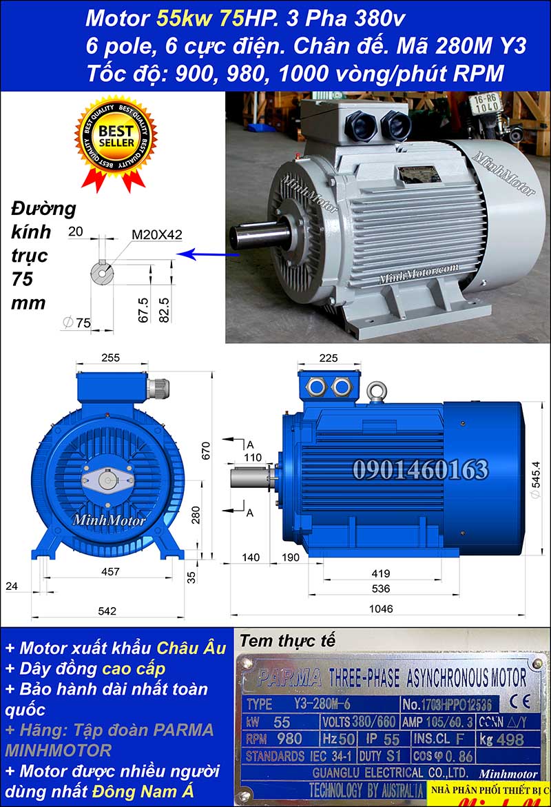 Động cơ điện ABB 55kw 75hp 900 - 1000 vòng/phút chân đế