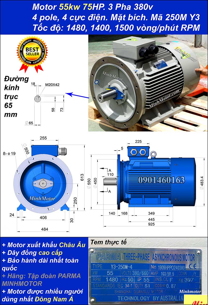 Động cơ điện ABB 55kw 75hp 1400 - 1500 vòng/phút mặt bích